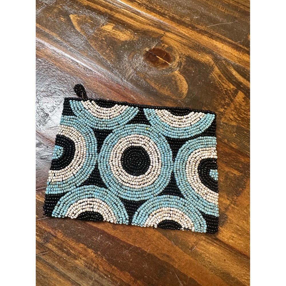 Hand Beaded Geometric Circle Coin Purse Pouch Black Blue White Zippered Pouch